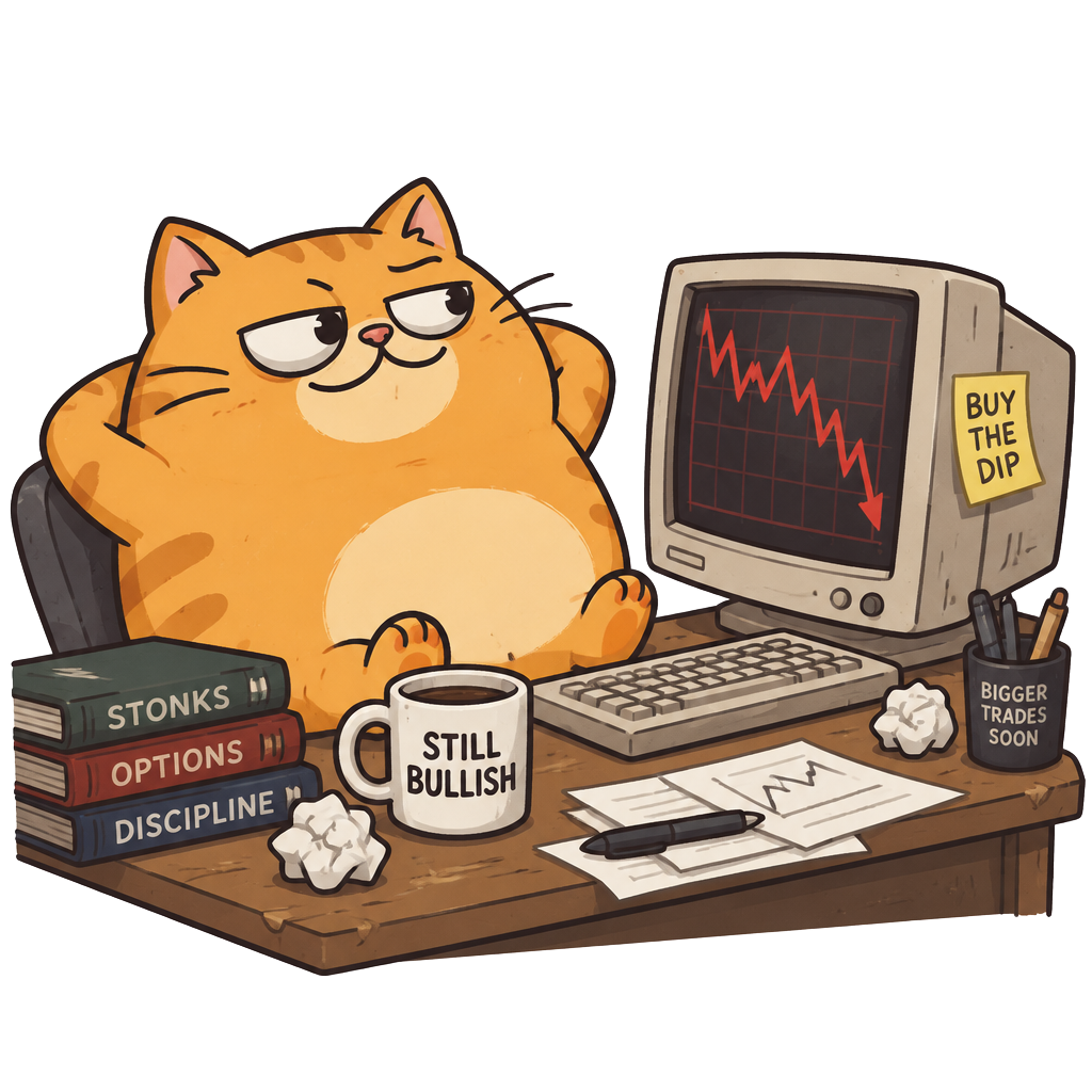 BUNGLE lounging at a trading desk in front of a falling chart, looking far too confident